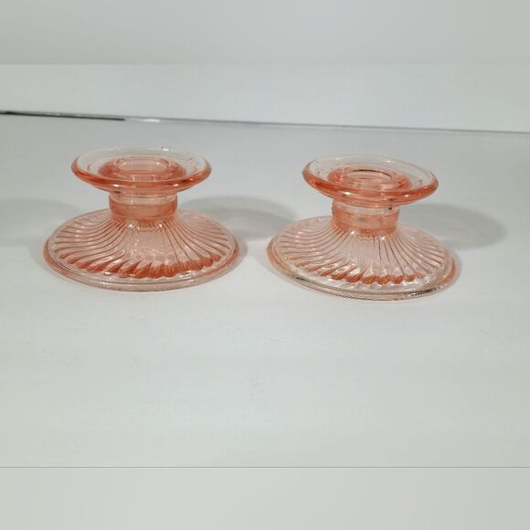 Vintage Set Of 2 pink depression glass candle holders - Picture 2 of 7